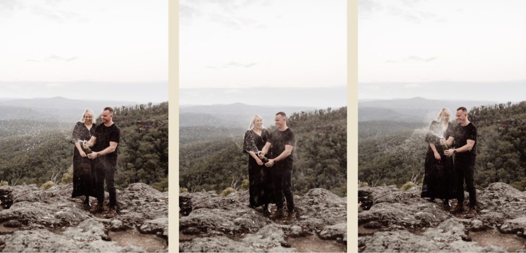 Champagne shake photograph with couple looking out at Mackenzies lookout Shoalhaven